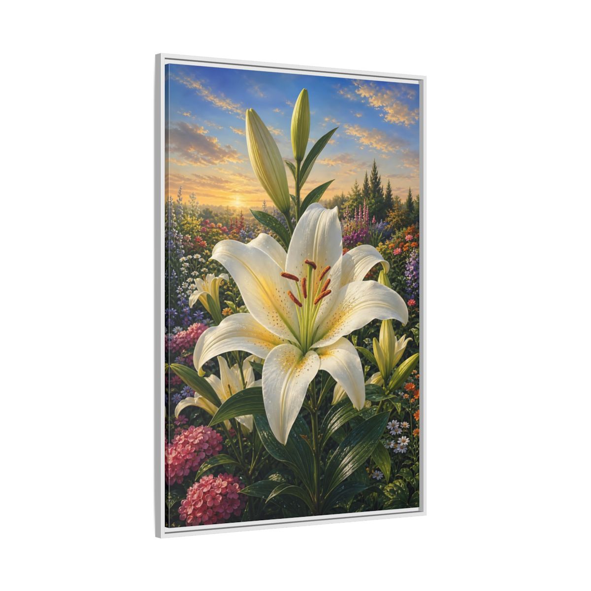 Side Mockup 7. Nature White Lily White Lily Sunset shown as stretched canvas wall art