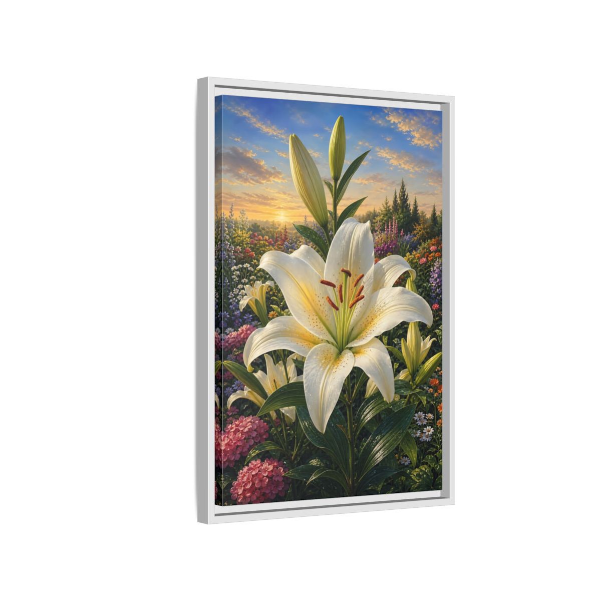 Side Mockup 1. Nature White Lily White Lily Sunset shown as stretched canvas wall art