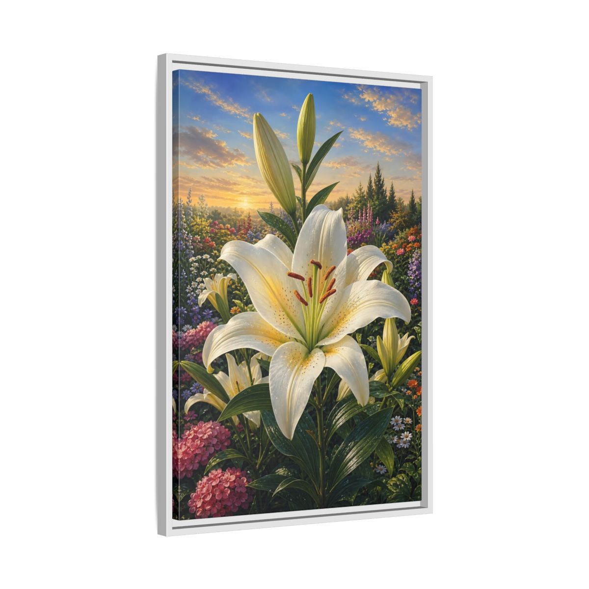 Side Mockup 10. Nature White Lily White Lily Sunset shown as stretched canvas wall art