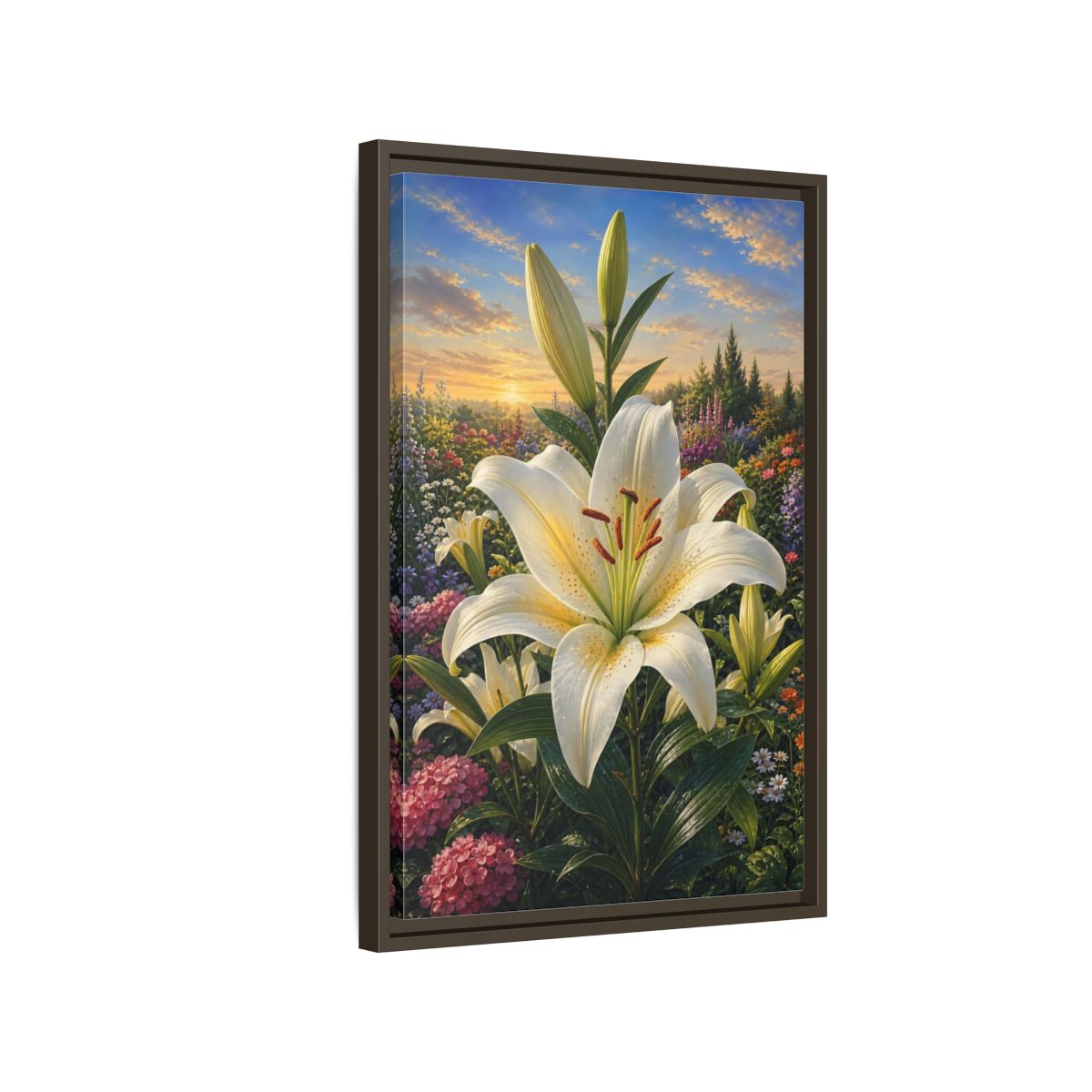 Side Mockup 2. Nature White Lily White Lily Sunset shown as stretched canvas wall art