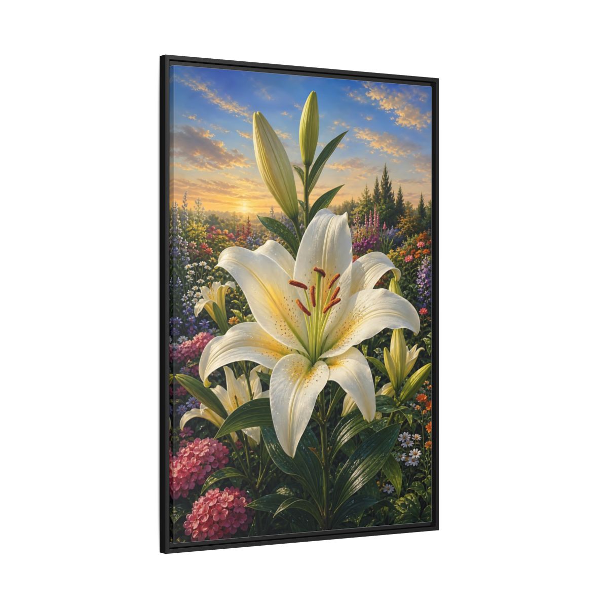 Side Mockup 12. Nature White Lily White Lily Sunset shown as stretched canvas wall art