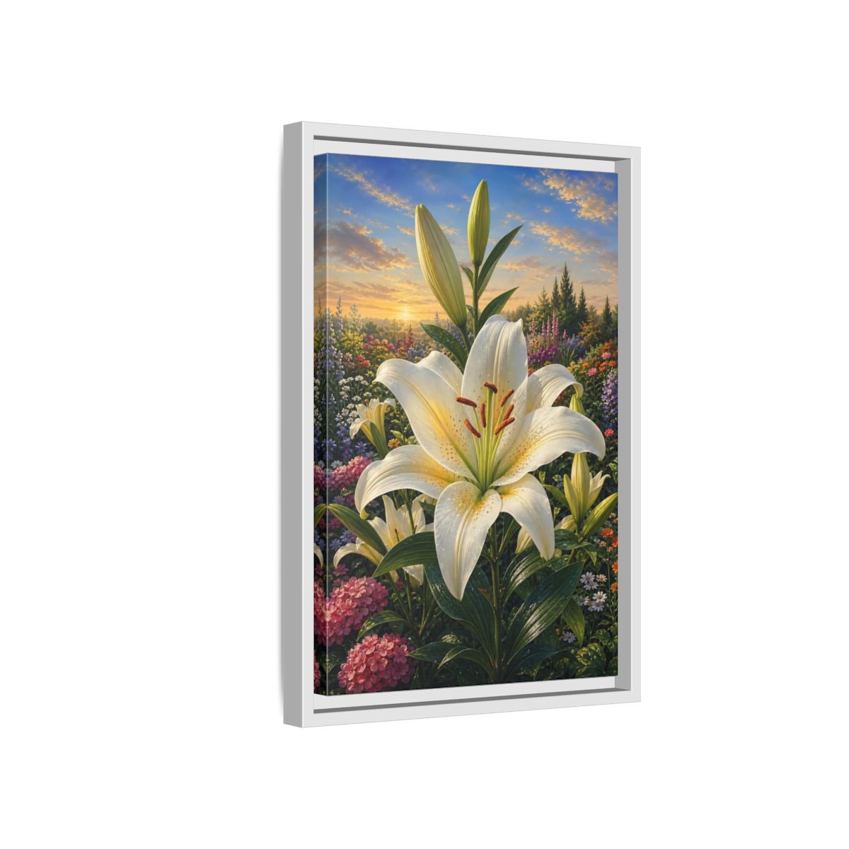 Side Mockup 4. Nature White Lily White Lily Sunset shown as stretched canvas wall art