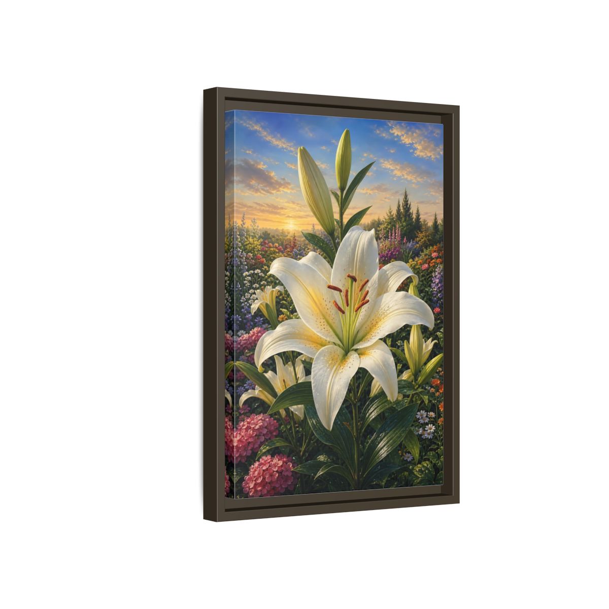 Side Mockup 5. Nature White Lily White Lily Sunset shown as stretched canvas wall art