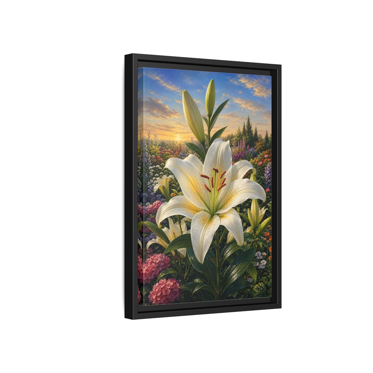 Side Mockup 6. Nature White Lily White Lily Sunset shown as stretched canvas wall art