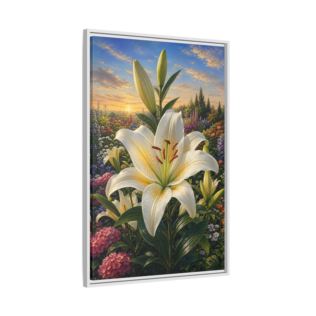 Side Mockup 9. Nature White Lily White Lily Sunset shown as stretched canvas wall art