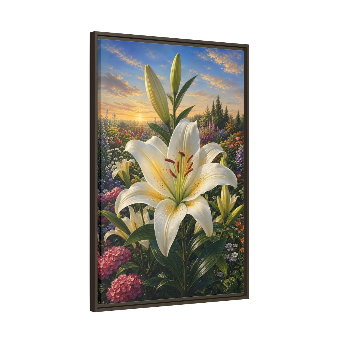 Main Mockup. Nature White Lily White Lily Sunset shown as stretched canvas wall art
