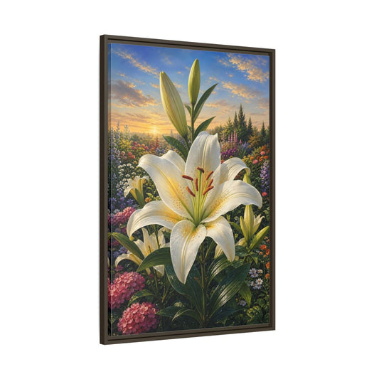 Main Mockup. Nature White Lily White Lily Sunset shown as stretched canvas wall art