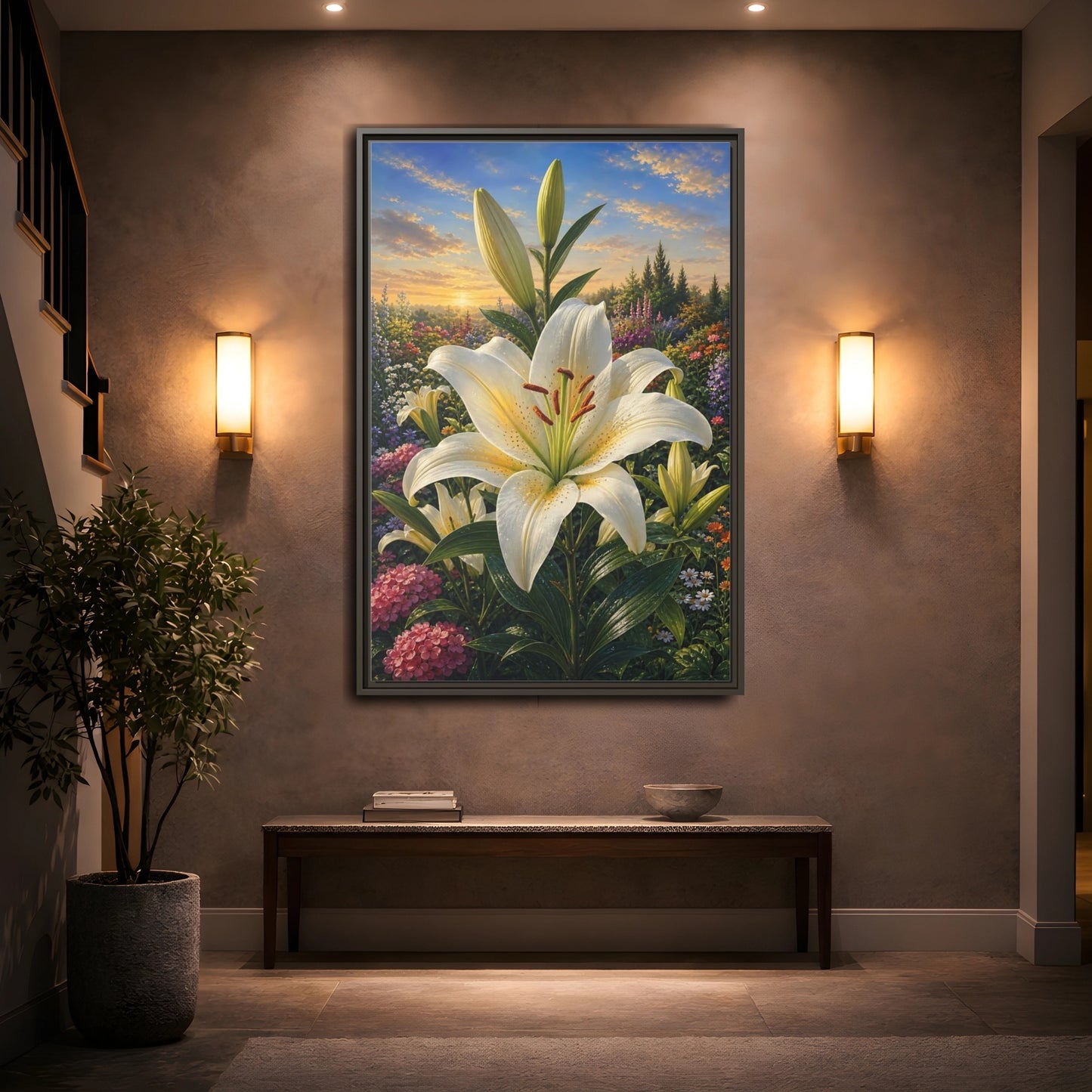 Mockup 2. Nature White Lily White Lily Sunset shown as stretched canvas wall art