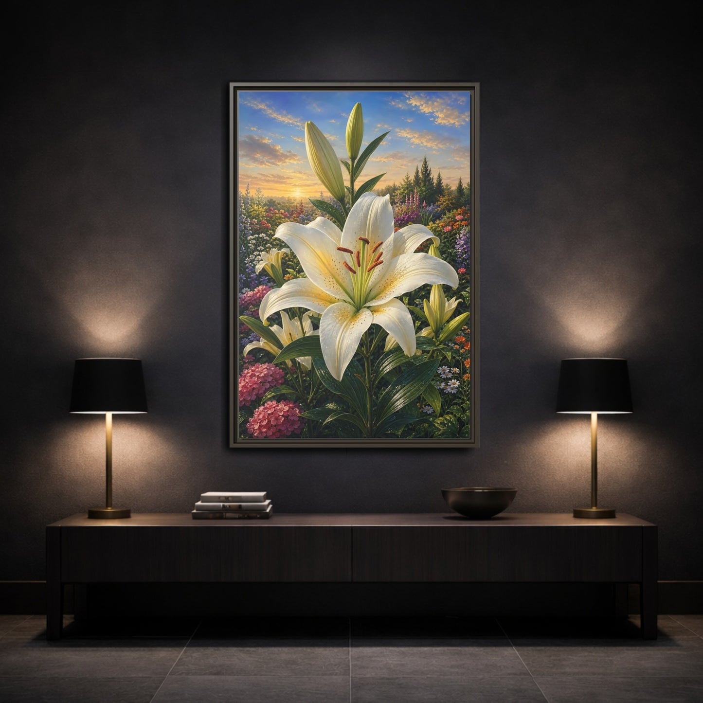 Mockup 3. Nature White Lily White Lily Sunset shown as stretched canvas wall art