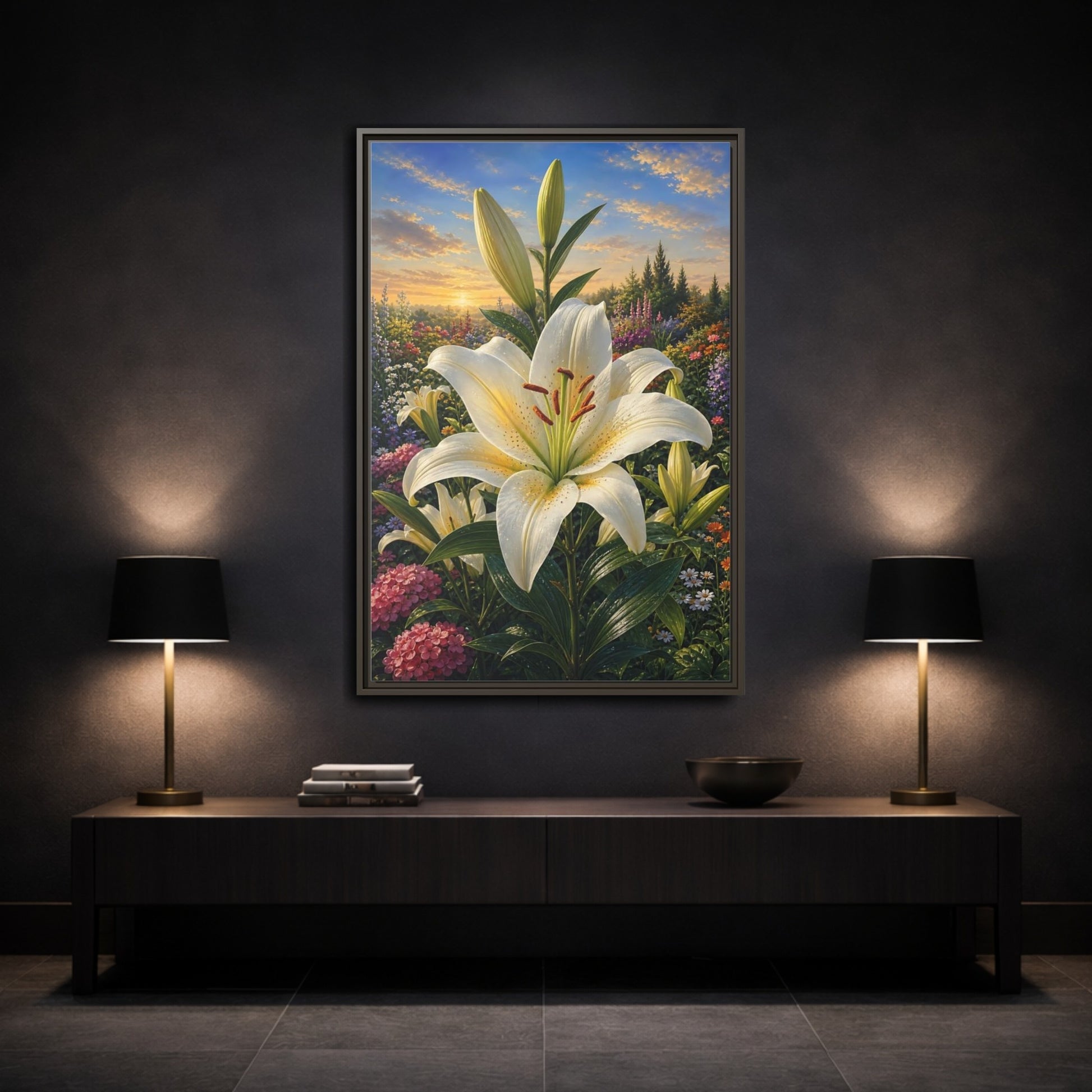 Mockup 3. Nature White Lily White Lily Sunset shown as stretched canvas wall art