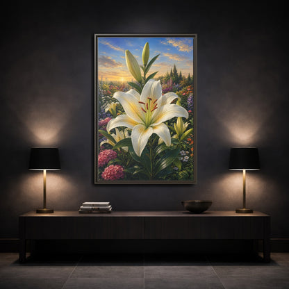 Mockup 3. Nature White Lily White Lily Sunset shown as stretched canvas wall art