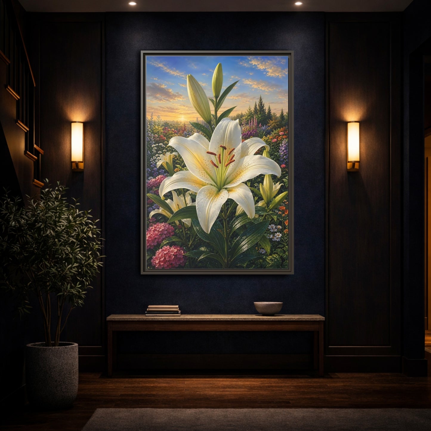 Mockup 4. Nature White Lily White Lily Sunset shown as stretched canvas wall art