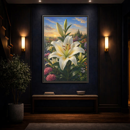 Mockup 4. Nature White Lily White Lily Sunset shown as stretched canvas wall art