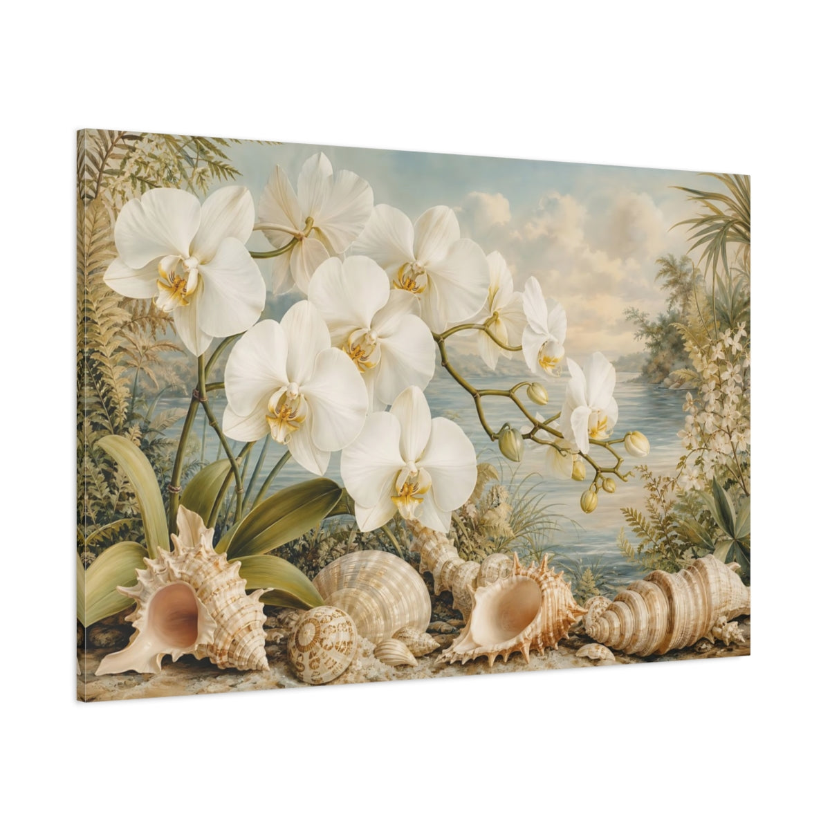 Side Mockup 1. Nature White Orchids White Orchids shown as stretched canvas wall art