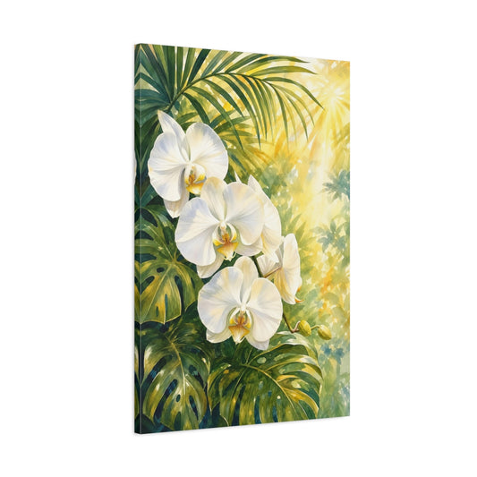 Main Mockup. Nature White Orchids Green And White Orchid shown as stretched canvas wall art