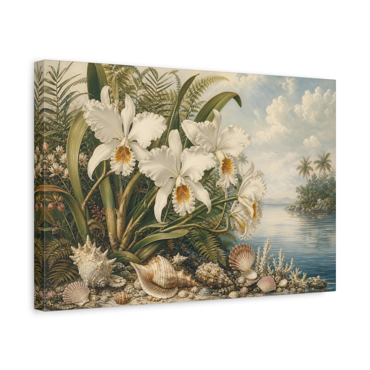 Side Mockup 4. Nature White Orchids Tropical Orchids Coast shown as stretched canvas wall art