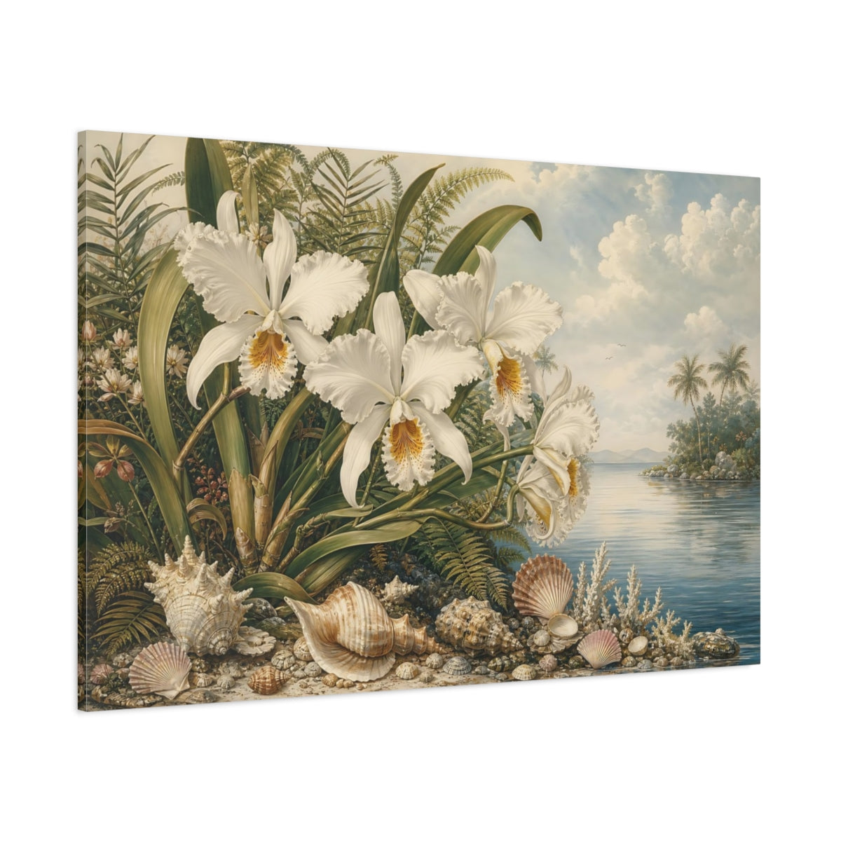 Side Mockup 1. Nature White Orchids Tropical Orchids Coast shown as stretched canvas wall art