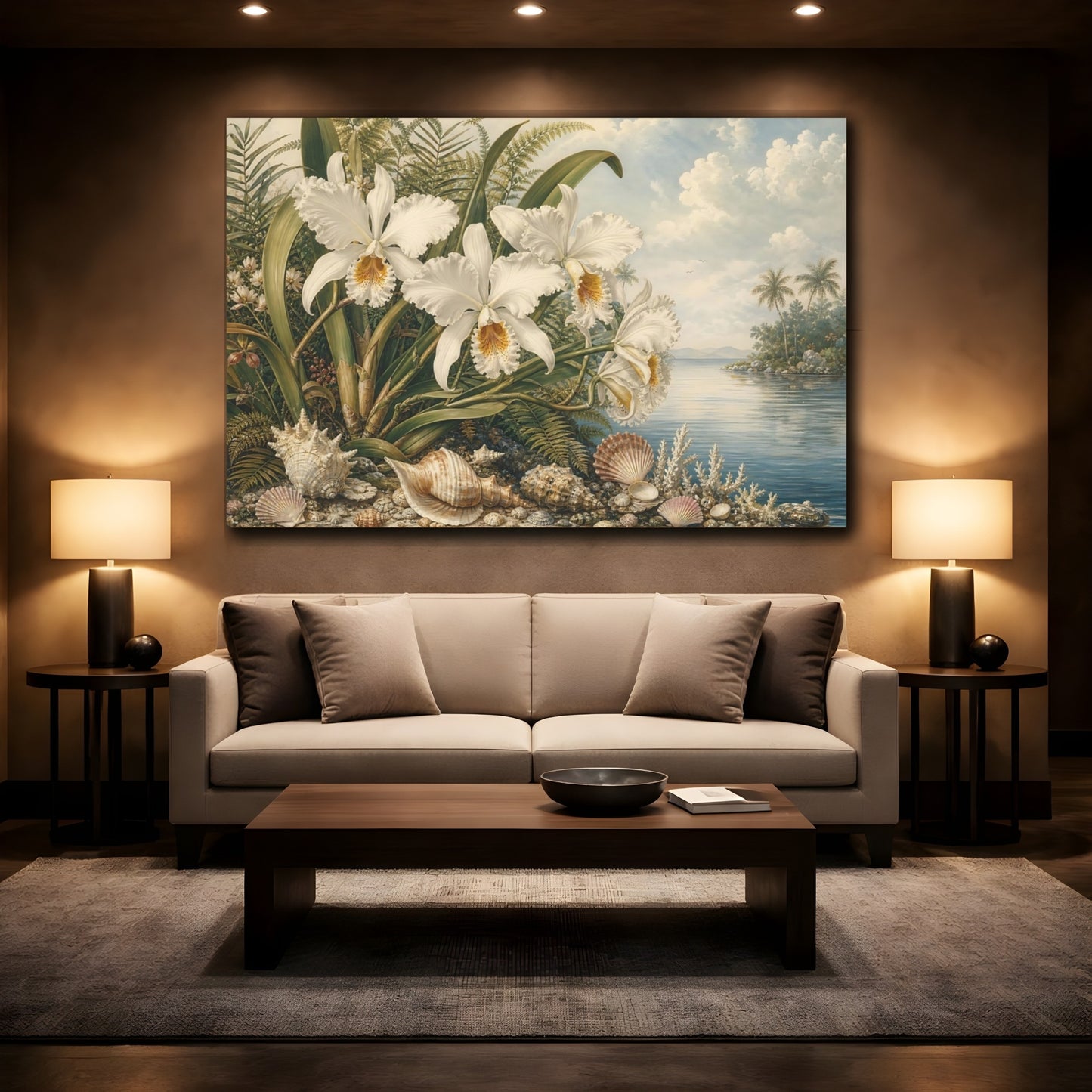 Mockup 2. Nature White Orchids Tropical Orchids Coast shown as stretched canvas wall art