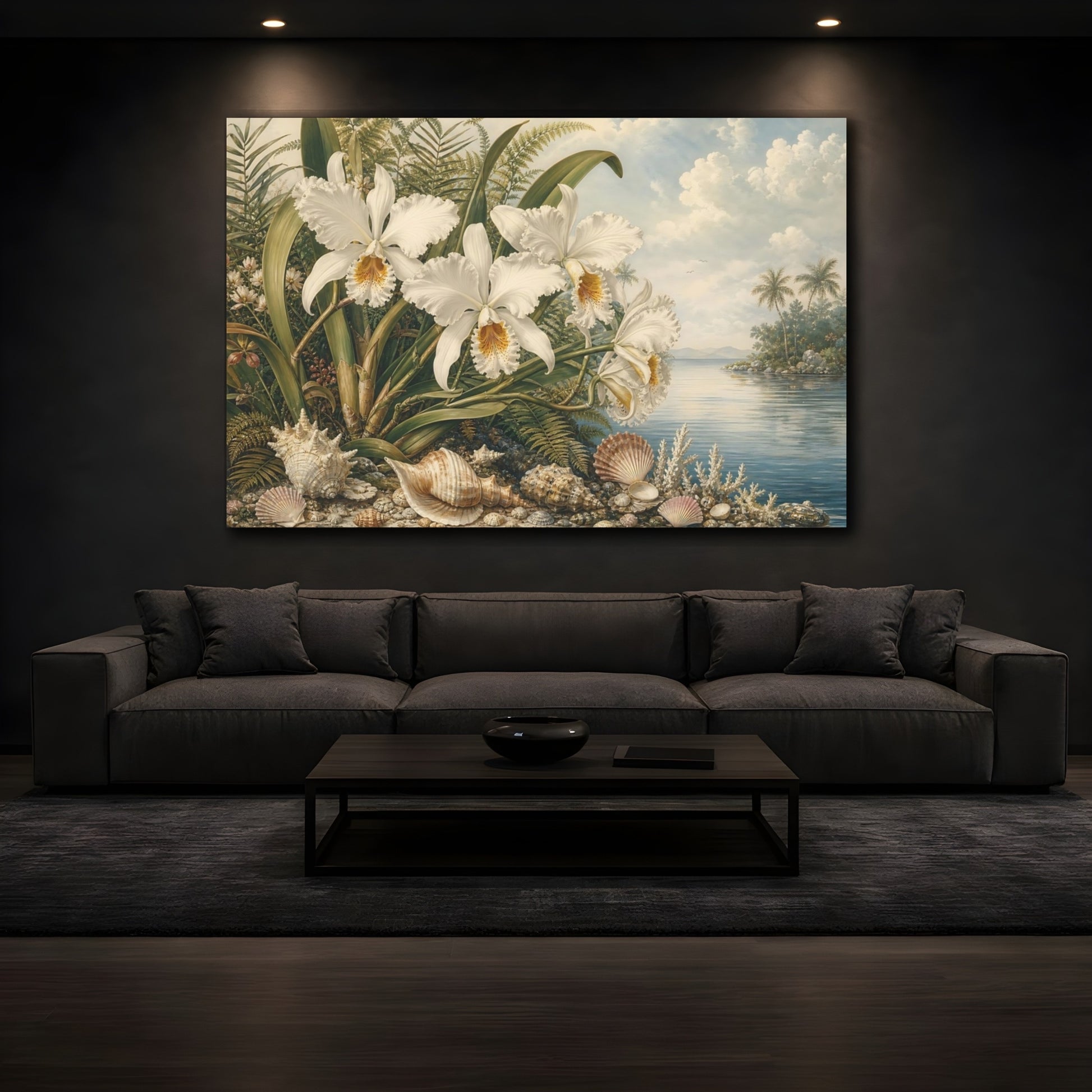 Mockup 3. Nature White Orchids Tropical Orchids Coast shown as stretched canvas wall art