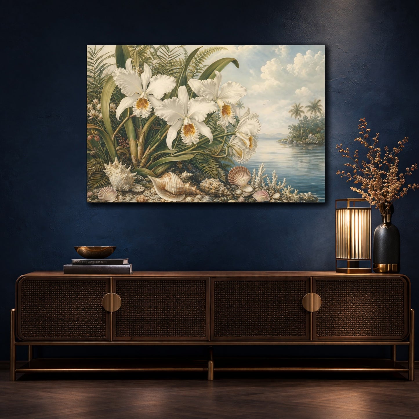 Mockup 4. Nature White Orchids Tropical Orchids Coast shown as stretched canvas wall art