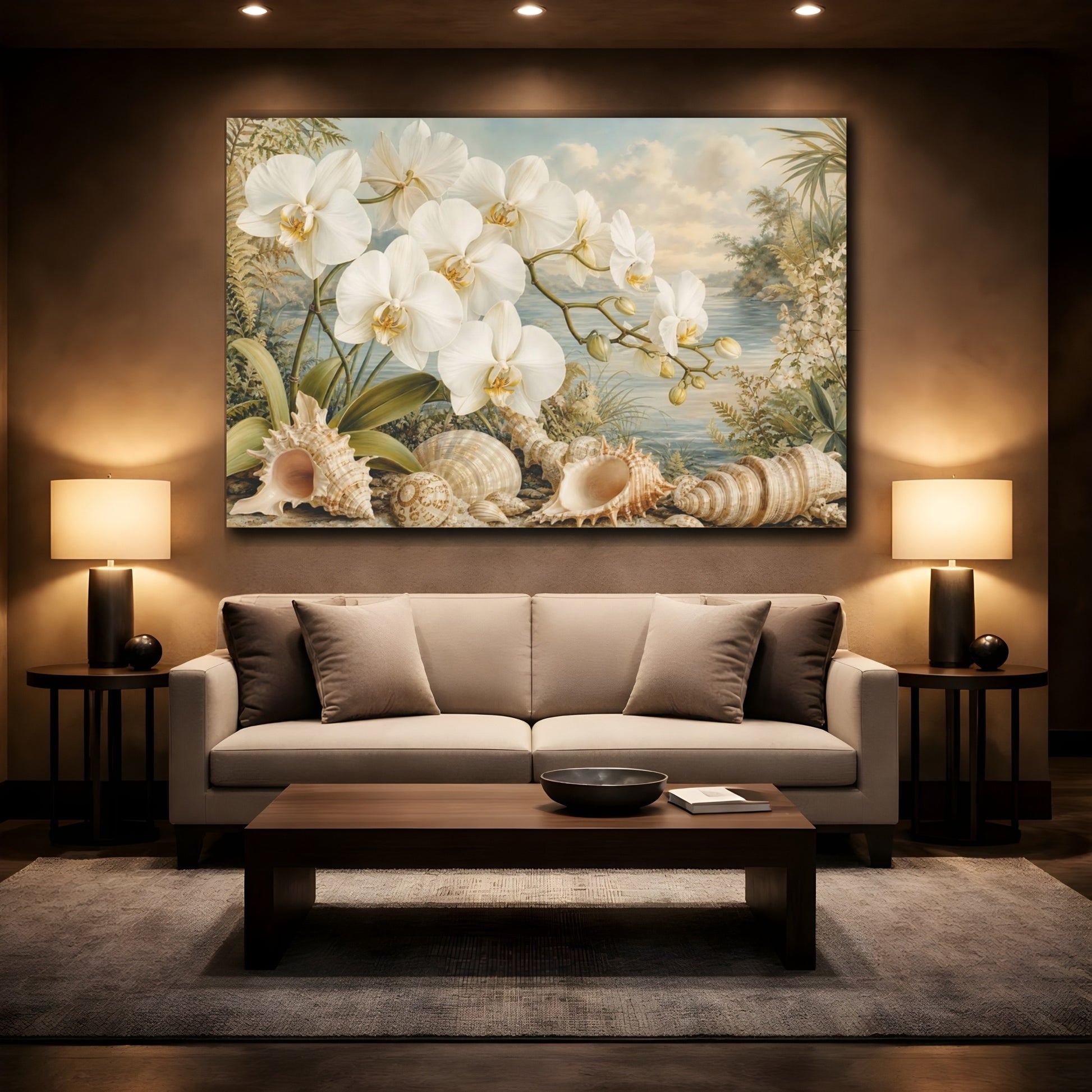 Mockup 2. Nature White Orchids White Orchids shown as stretched canvas wall art