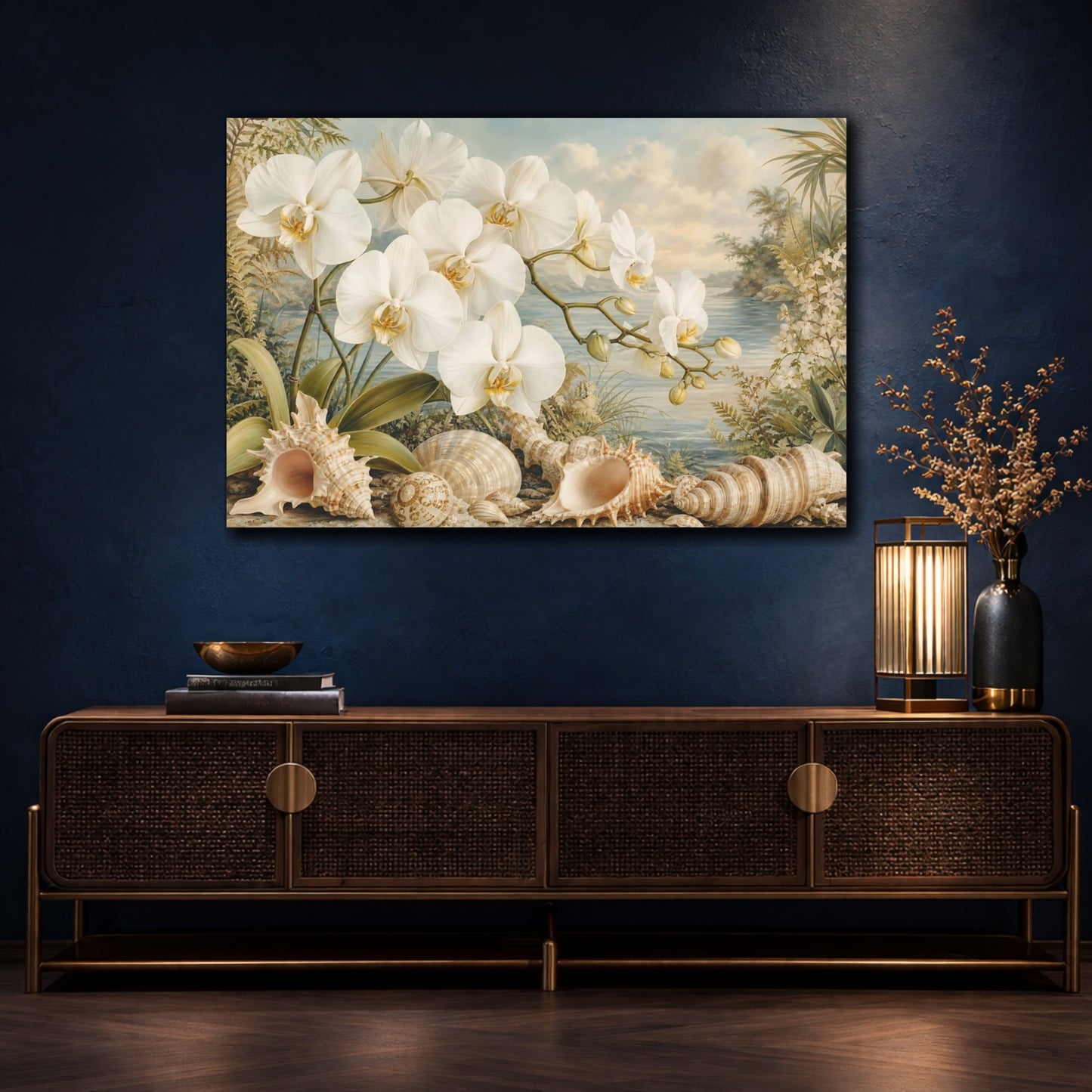 Mockup 4. Nature White Orchids White Orchids shown as stretched canvas wall art