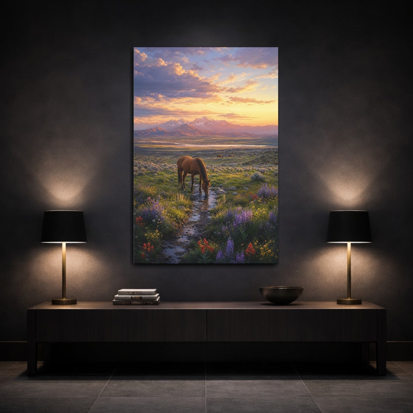 Mockup 3. Nature Wild Horse Brown And Orange shown as stretched canvas wall art