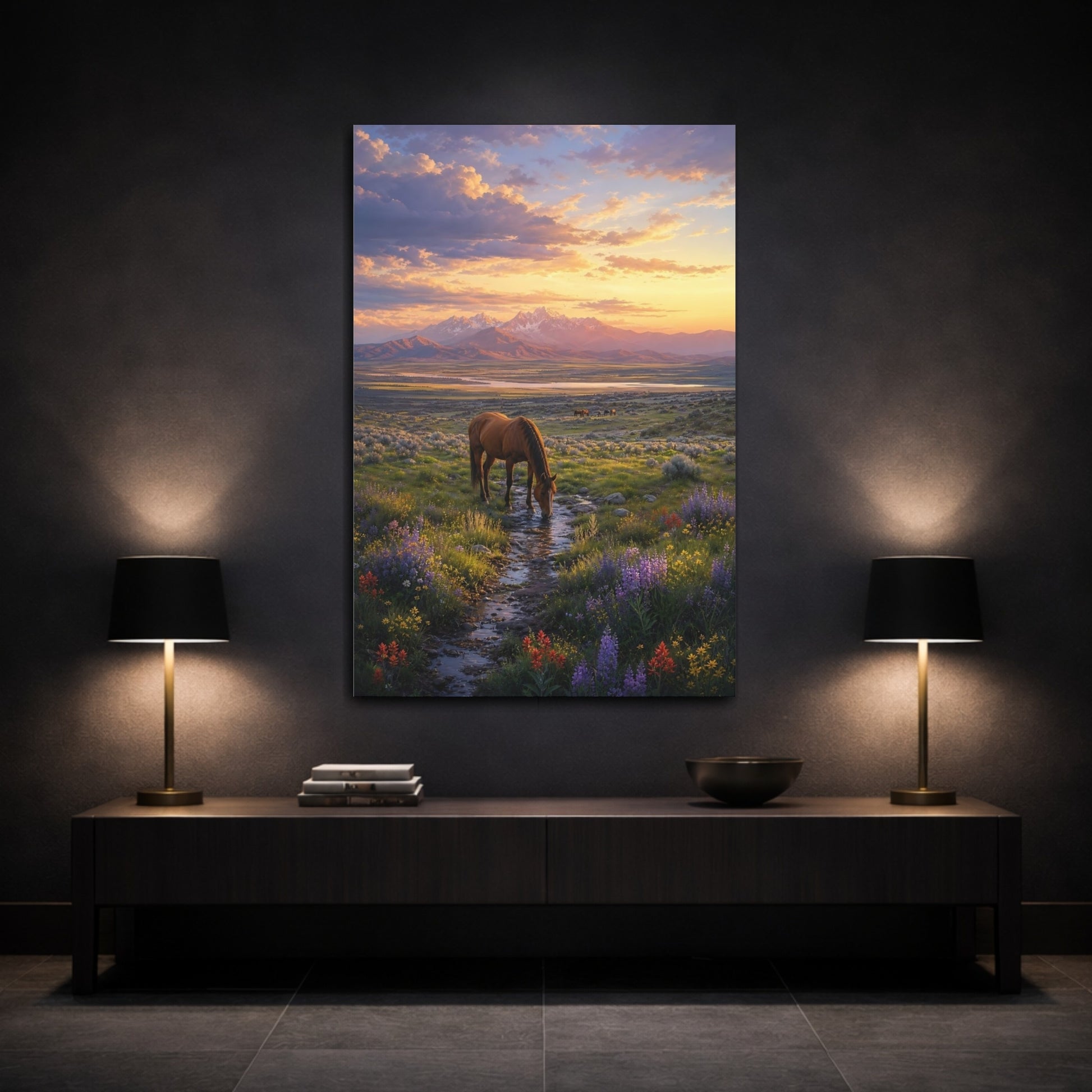 Mockup 3. Nature Wild Horse Brown And Orange shown as stretched canvas wall art