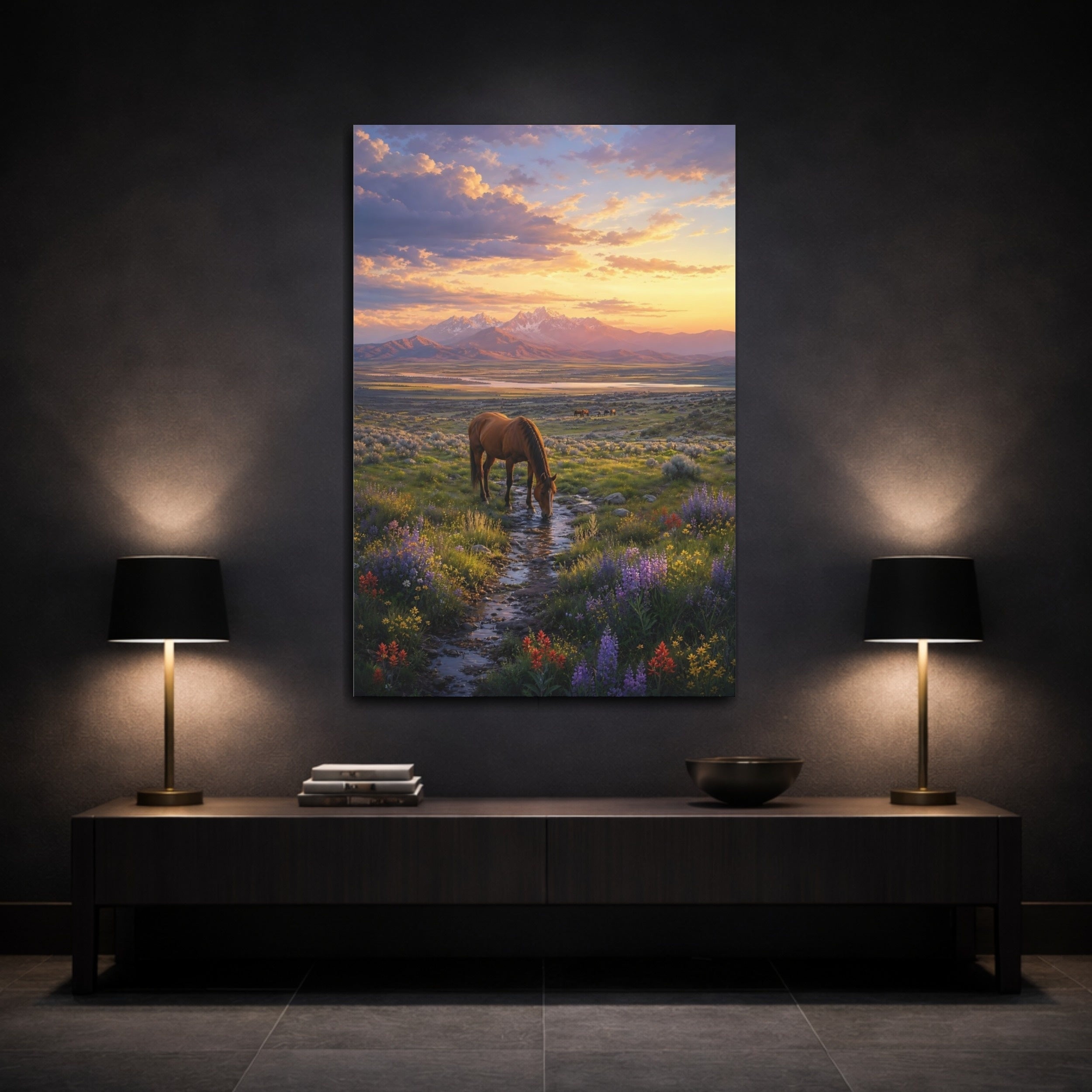 Mockup 3. Nature Wild Horse Brown And Orange shown as stretched canvas wall art
