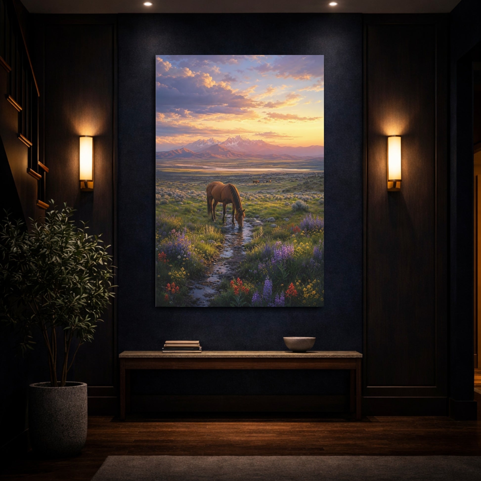 Mockup 4. Nature Wild Horse Brown And Orange shown as stretched canvas wall art