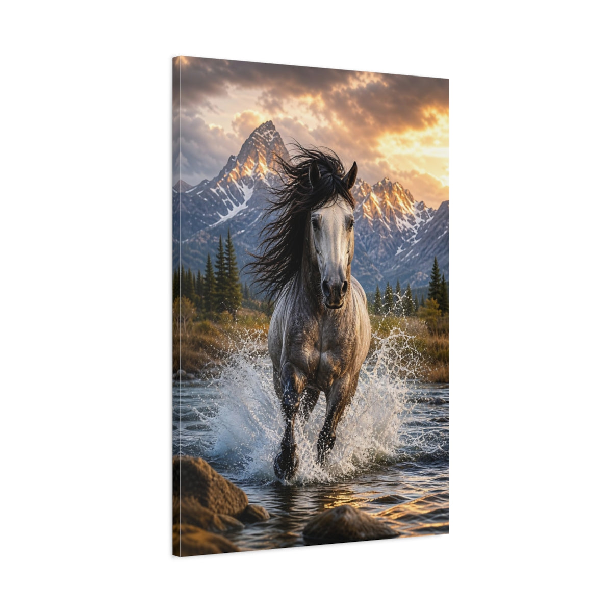 Nature Wild Horse Gray and Gold Canvas Wall Art Print - Photorealistic Living Room, Above Console Table shown as canvas wall art