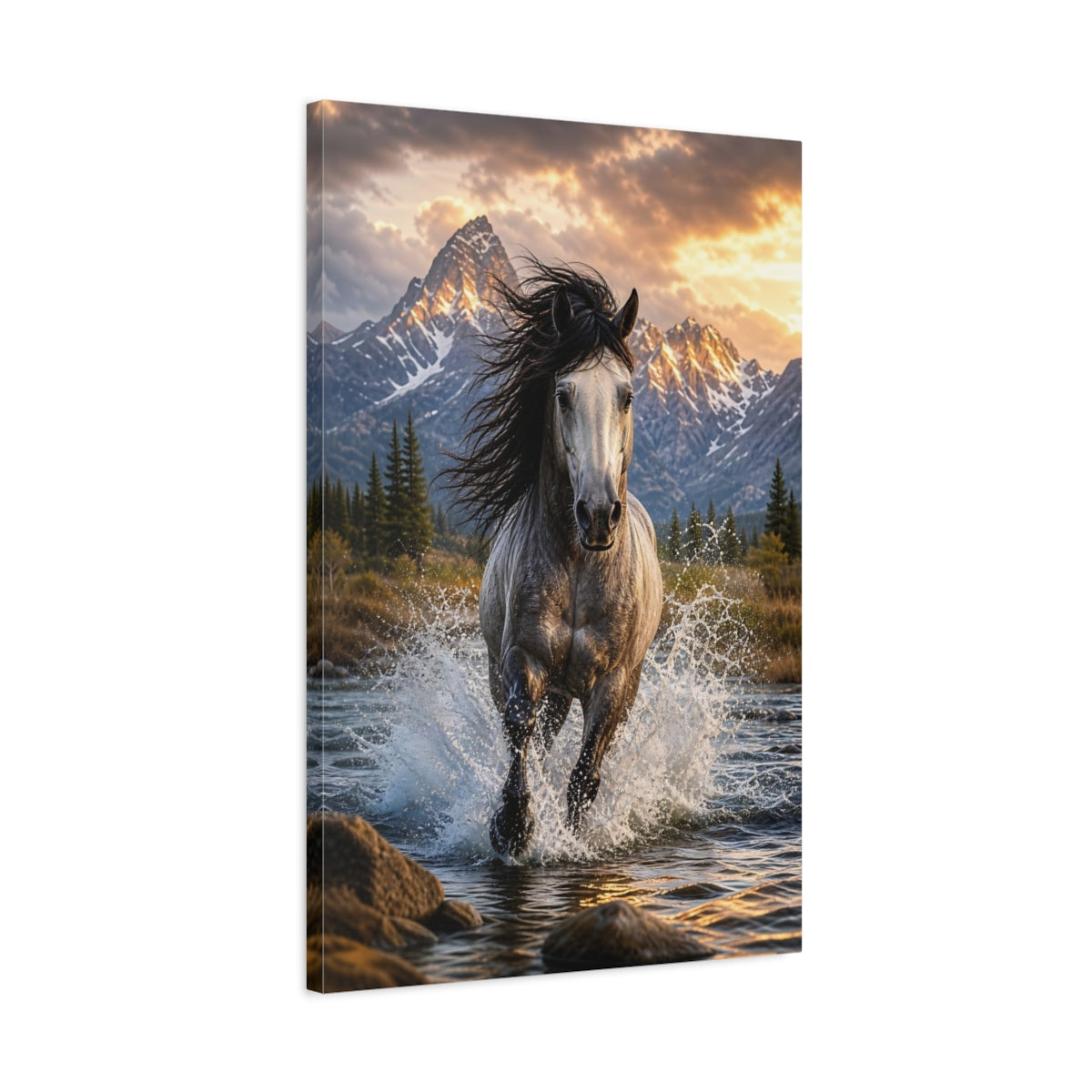 Nature Wild Horse Gray and Gold Canvas Wall Art Print - Photorealistic Living Room, Above Console Table shown as canvas wall art