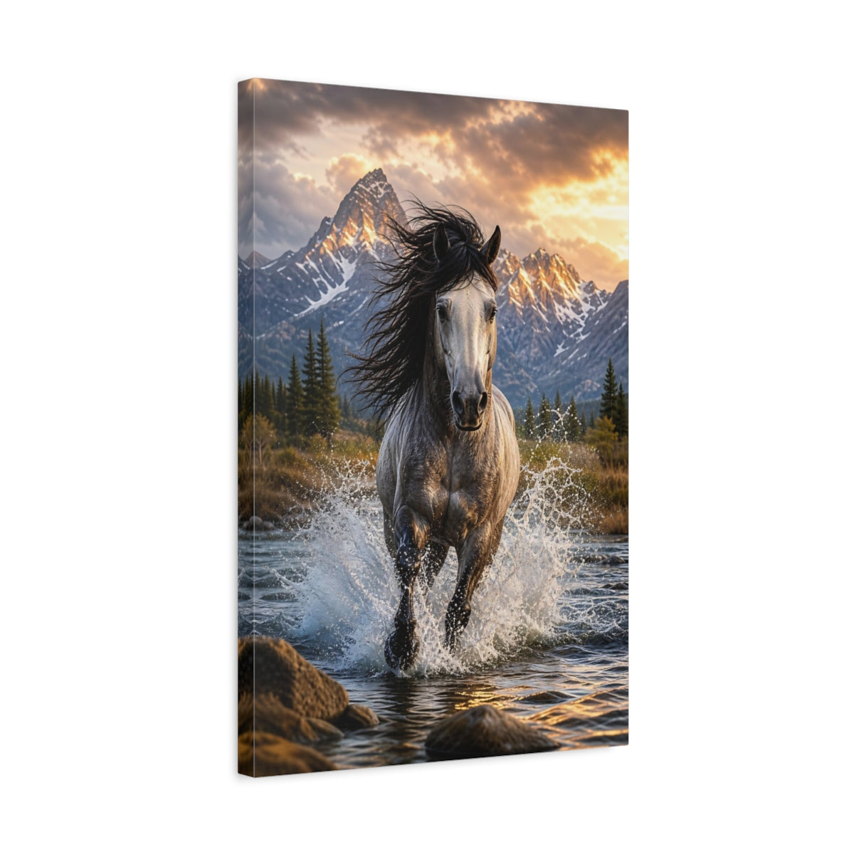 Nature Wild Horse Gray and Gold Canvas Wall Art Print - Photorealistic Living Room, Above Console Table shown as canvas wall art