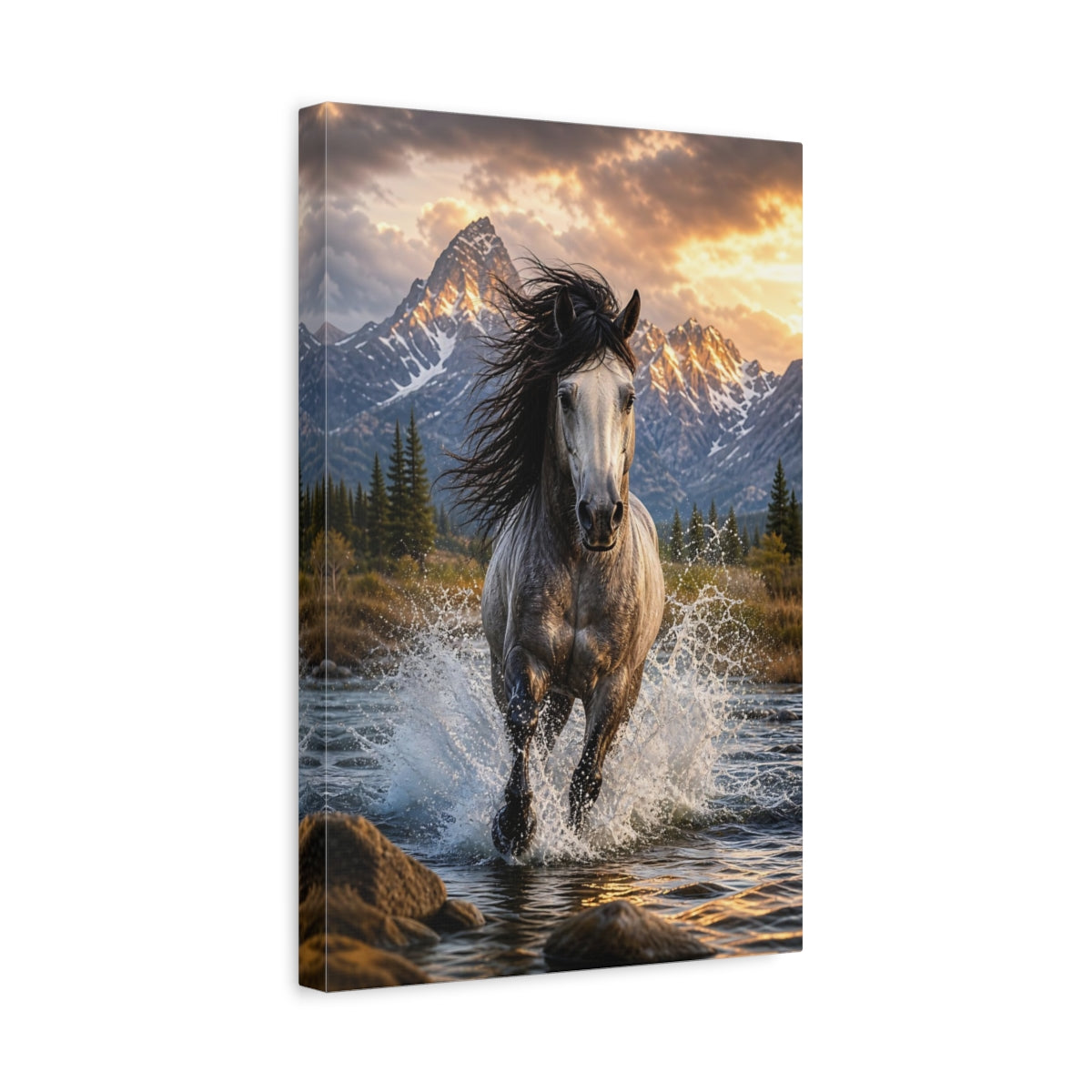 Nature Wild Horse Gray and Gold Canvas Wall Art Print - Photorealistic Living Room, Above Console Table shown as canvas wall art