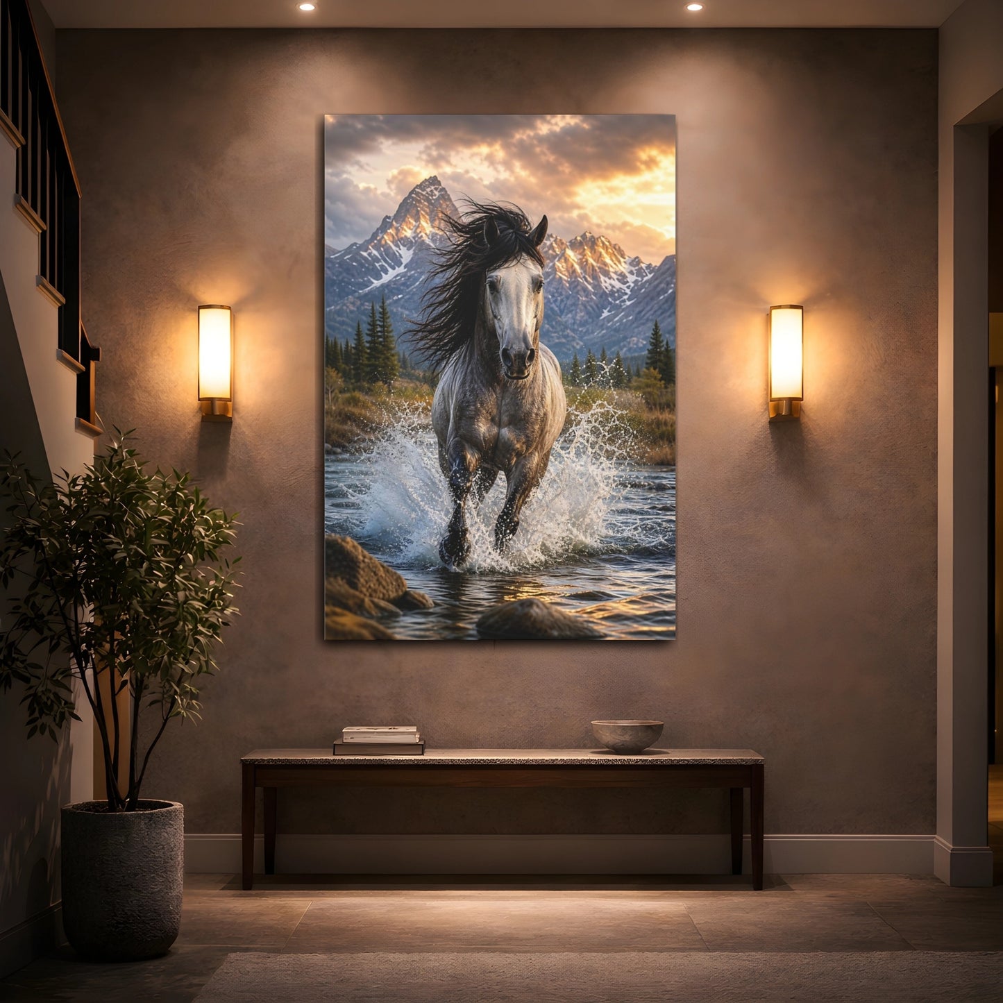 Nature Wild Horse Gray and Gold Canvas Wall Art Print - Photorealistic Living Room, Above Console Table shown as canvas wall art