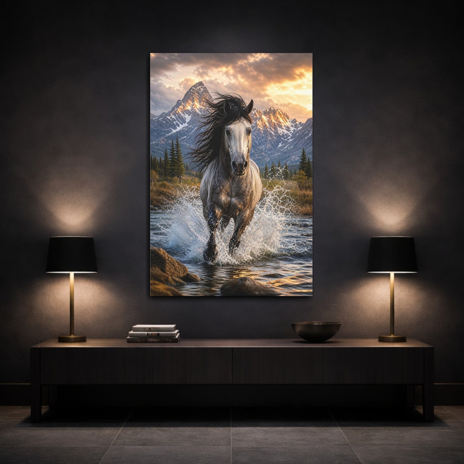 Nature Wild Horse Gray and Gold Canvas Wall Art Print - Photorealistic Living Room, Above Console Table shown as canvas wall art