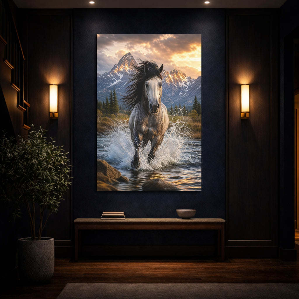Mockup 4. Nature Wild Horse Gray And Gold shown as stretched canvas wall art