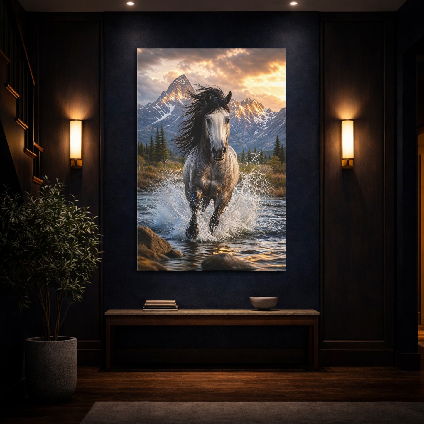 Nature Wild Horse Gray and Gold Canvas Wall Art Print - Photorealistic Living Room, Above Console Table shown as canvas wall art