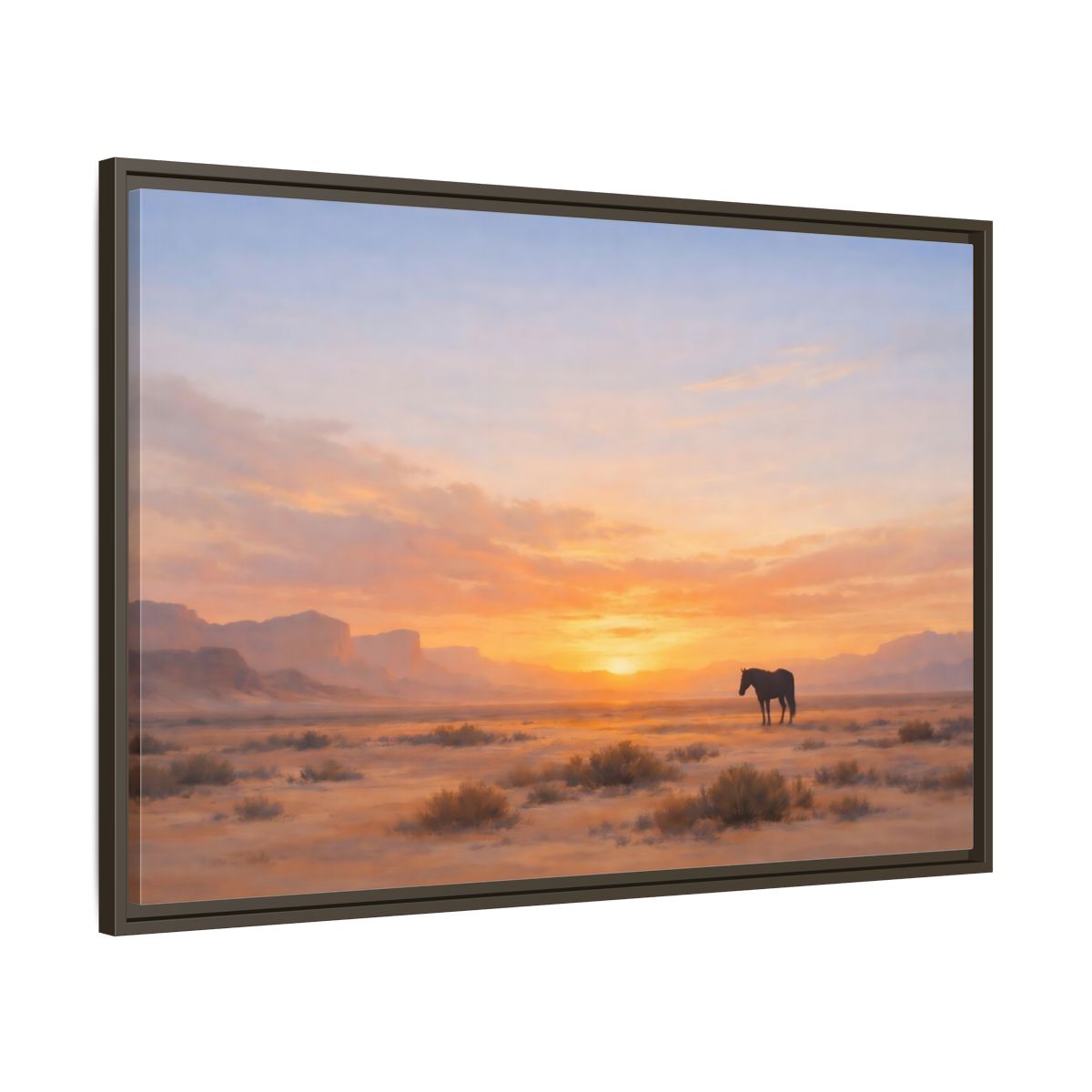 Main Mockup. Nature Wild Horse Orange Sunset Desert shown as stretched canvas wall art