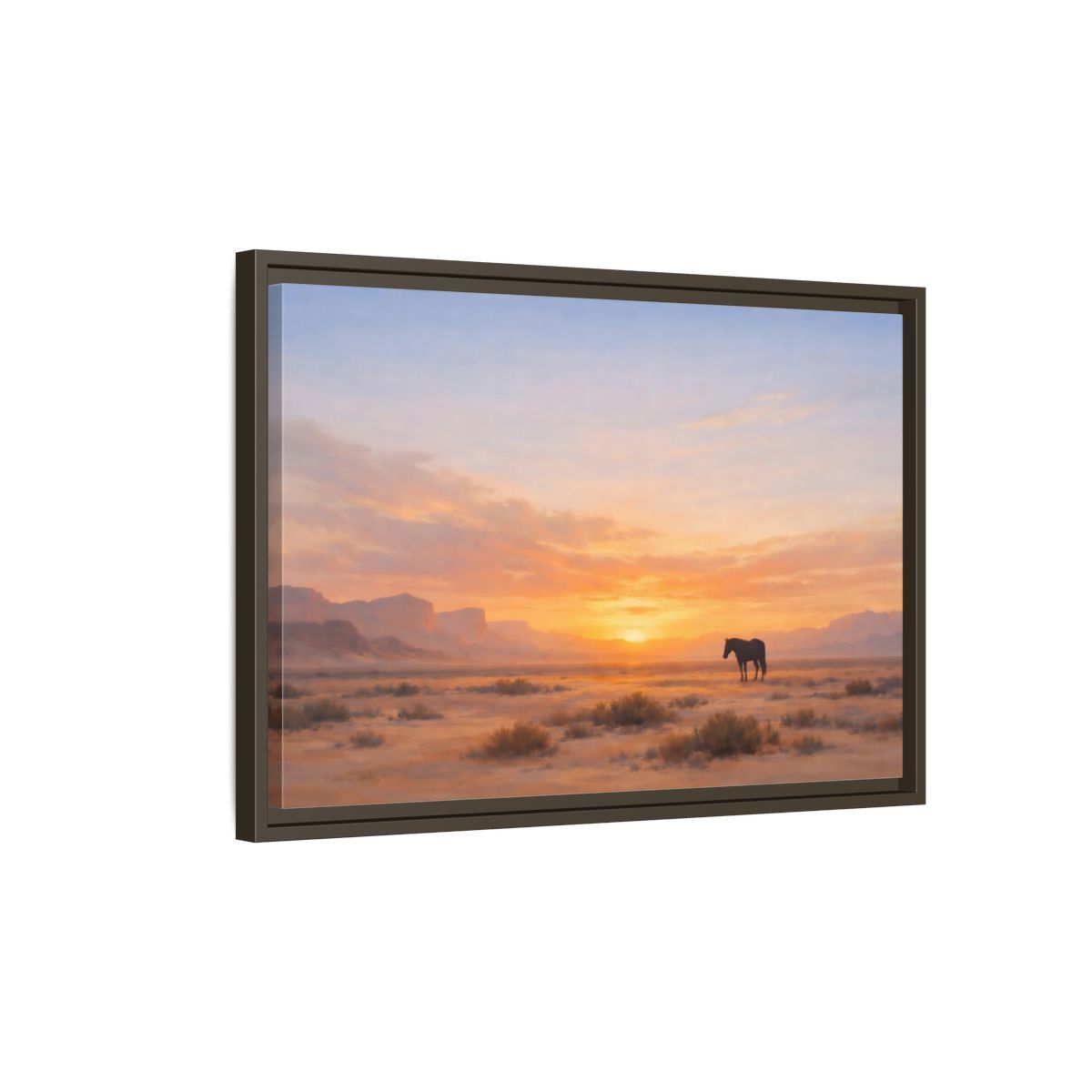 Side Mockup 2. Nature Wild Horse Orange Sunset Desert shown as stretched canvas wall art