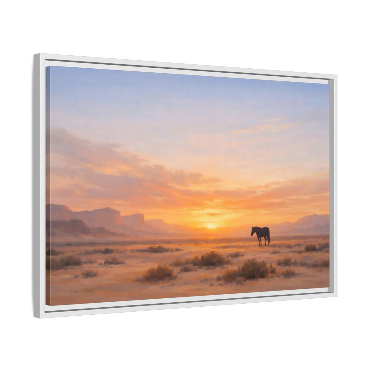 Side Mockup 10. Nature Wild Horse Orange Sunset Desert shown as stretched canvas wall art