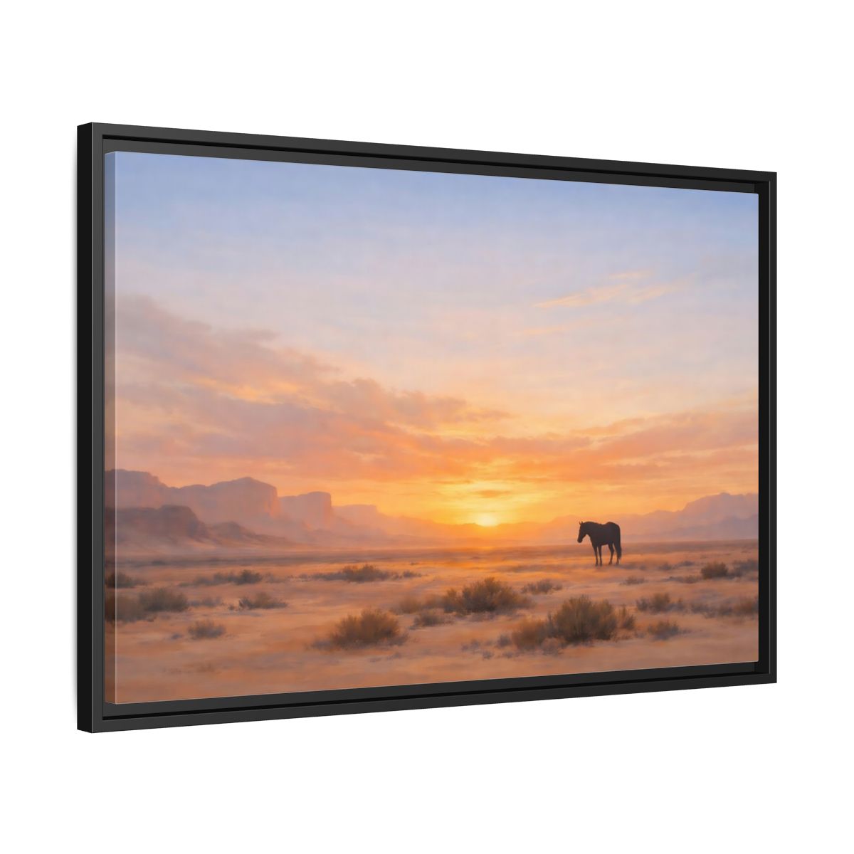 Side Mockup 14. Nature Wild Horse Orange Sunset Desert shown as stretched canvas wall art