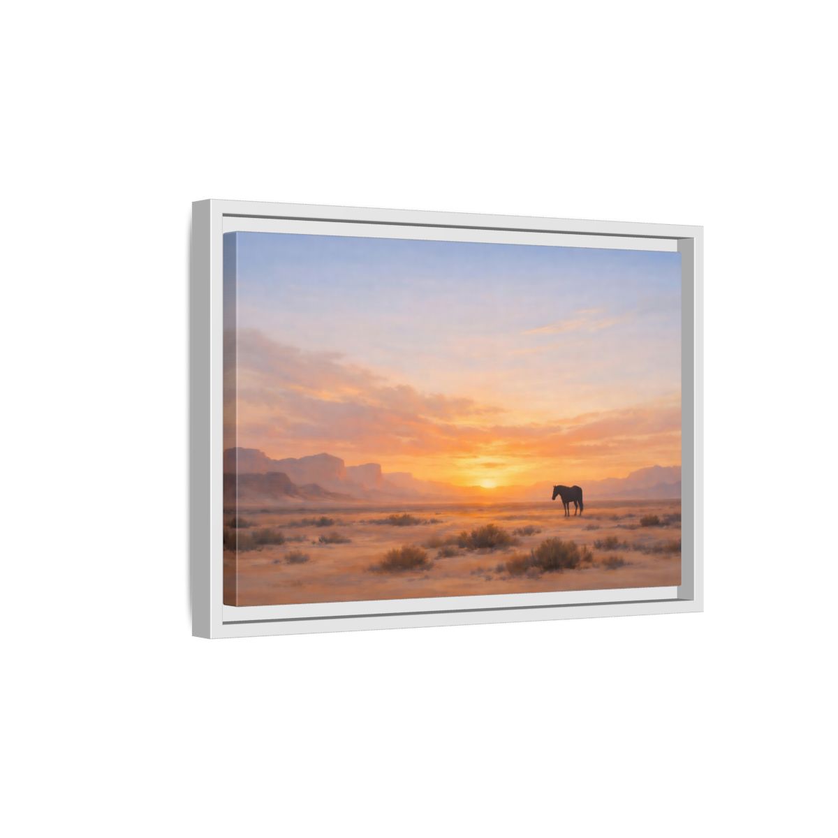 Side Mockup 4. Nature Wild Horse Orange Sunset Desert shown as stretched canvas wall art
