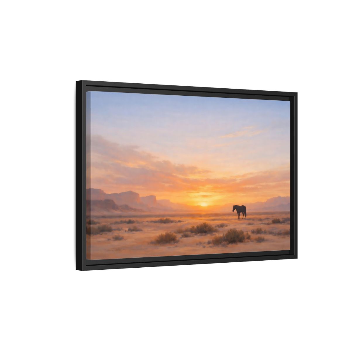 Side Mockup 3. Nature Wild Horse Orange Sunset Desert shown as stretched canvas wall art