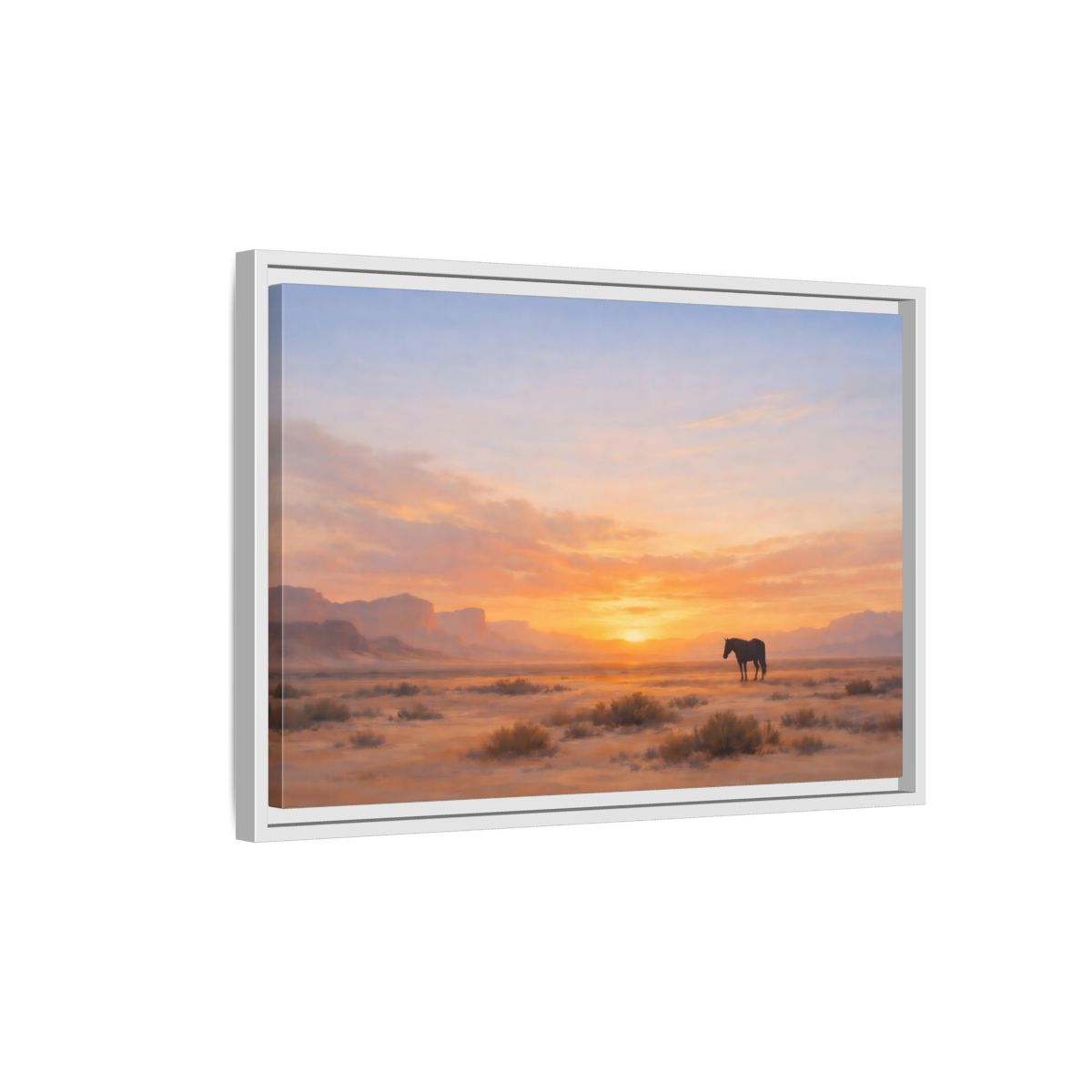Side Mockup 1. Nature Wild Horse Orange Sunset Desert shown as stretched canvas wall art