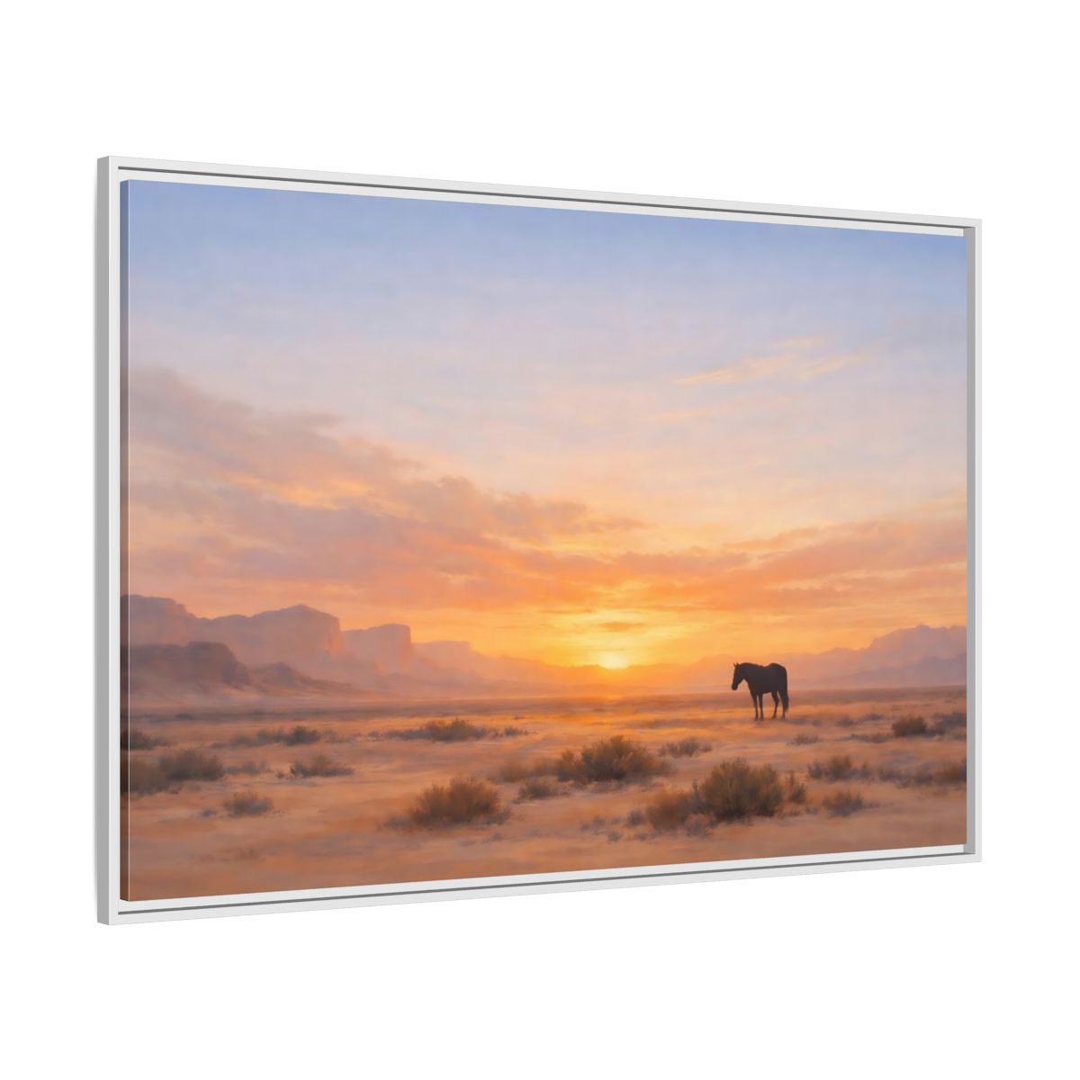 Side Mockup 7. Nature Wild Horse Orange Sunset Desert shown as stretched canvas wall art