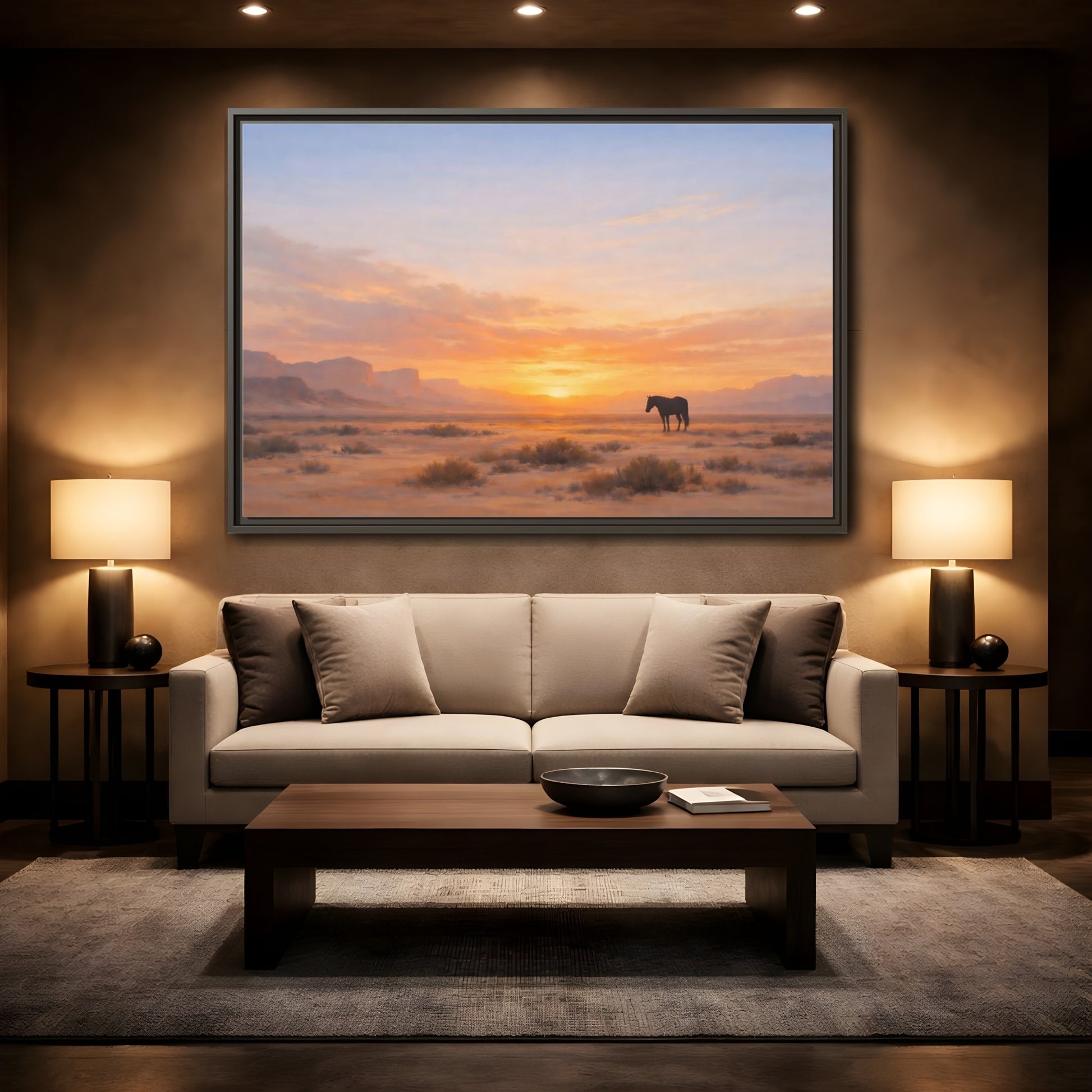 Mockup 2. Nature Wild Horse Orange Sunset Desert shown as stretched canvas wall art