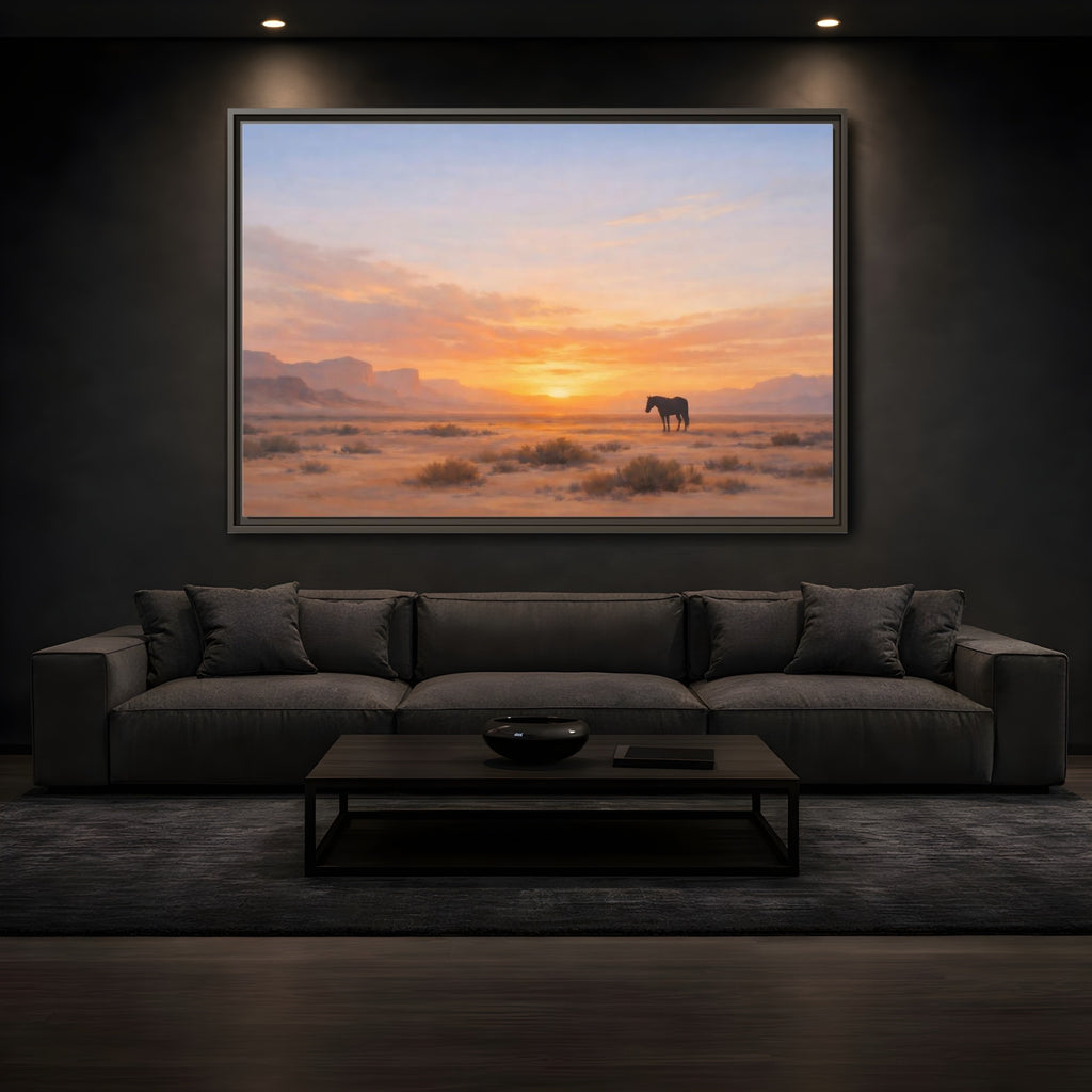 Mockup 3. Nature Wild Horse Orange Sunset Desert shown as stretched canvas wall art