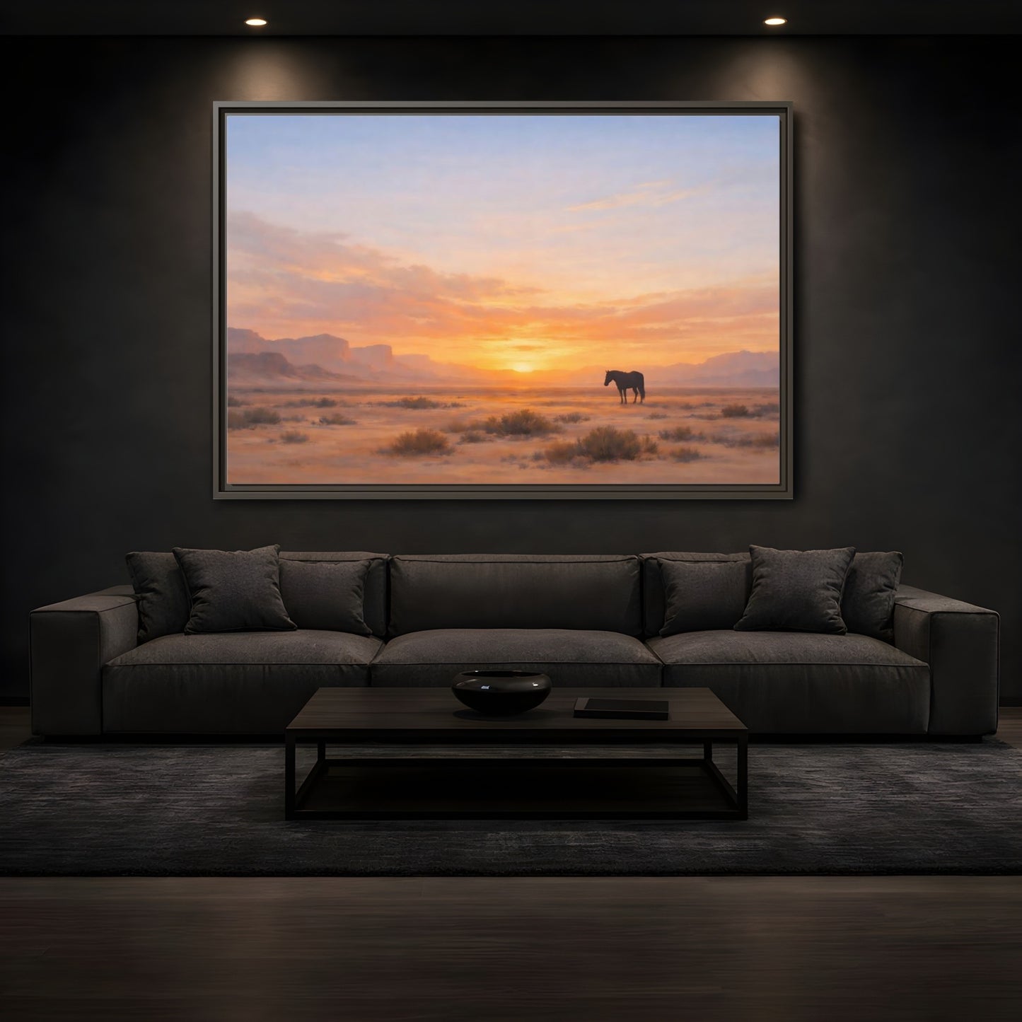 Mockup 3. Nature Wild Horse Orange Sunset Desert shown as stretched canvas wall art