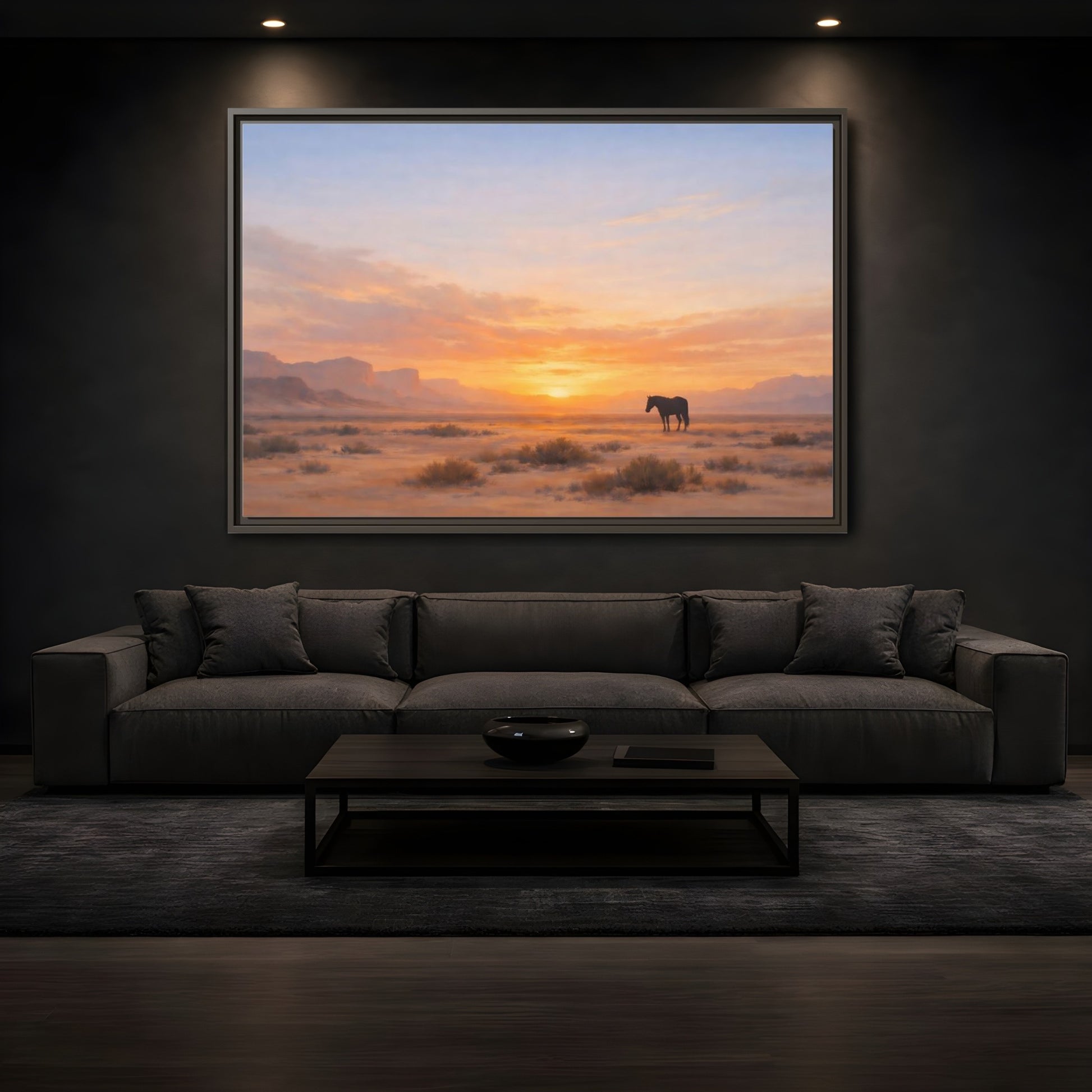 Mockup 3. Nature Wild Horse Orange Sunset Desert shown as stretched canvas wall art